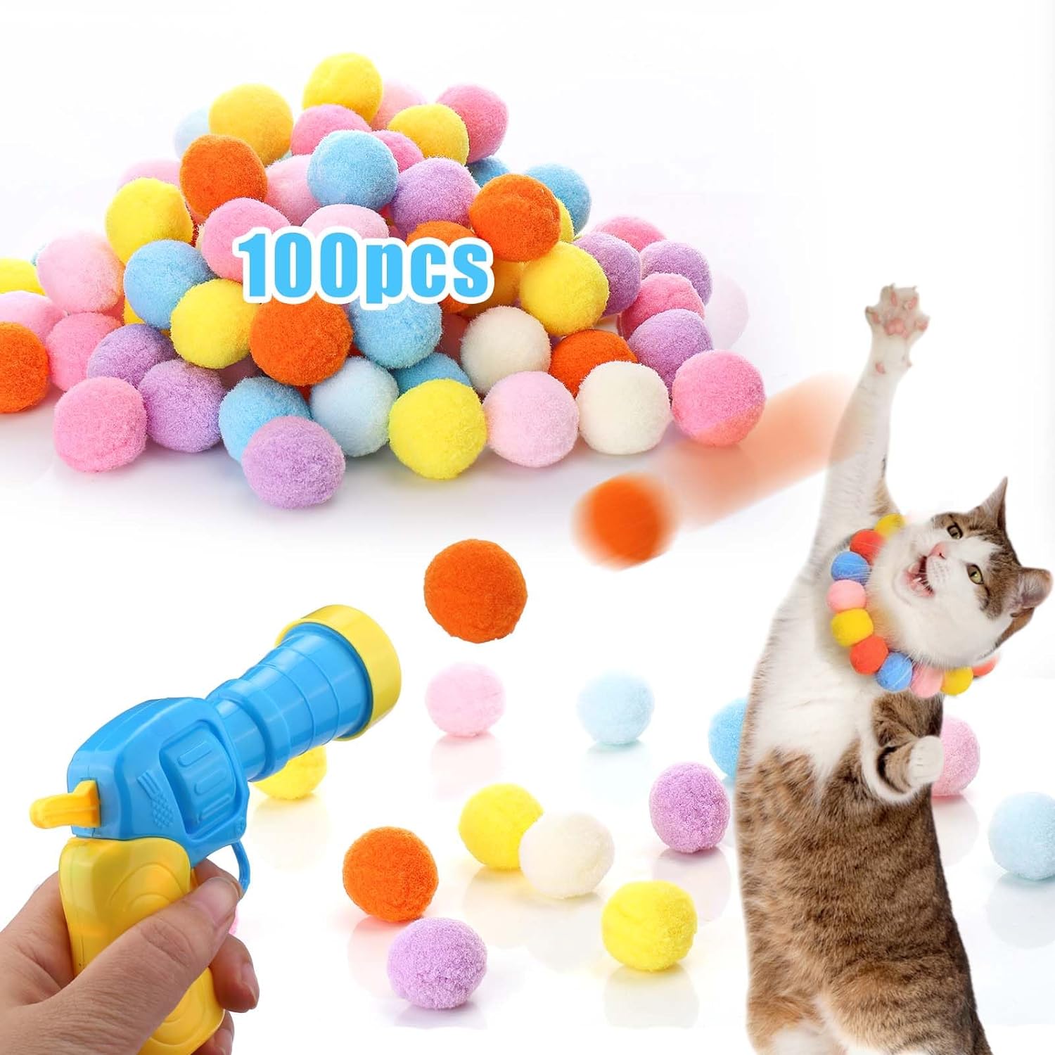 Interactive cat ball launcher with 100 colorful soft pom pom balls for indoor play and enrichment