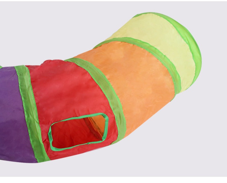 Colorful cat tunnel with a side peek-out window for interactive indoor play, hiding, and exploration