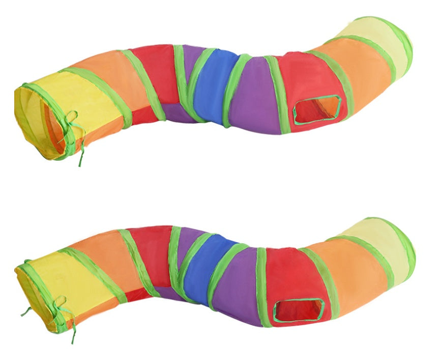 Colorful collapsible cat tunnel with a peek-out window for interactive indoor play, hiding, and exploration