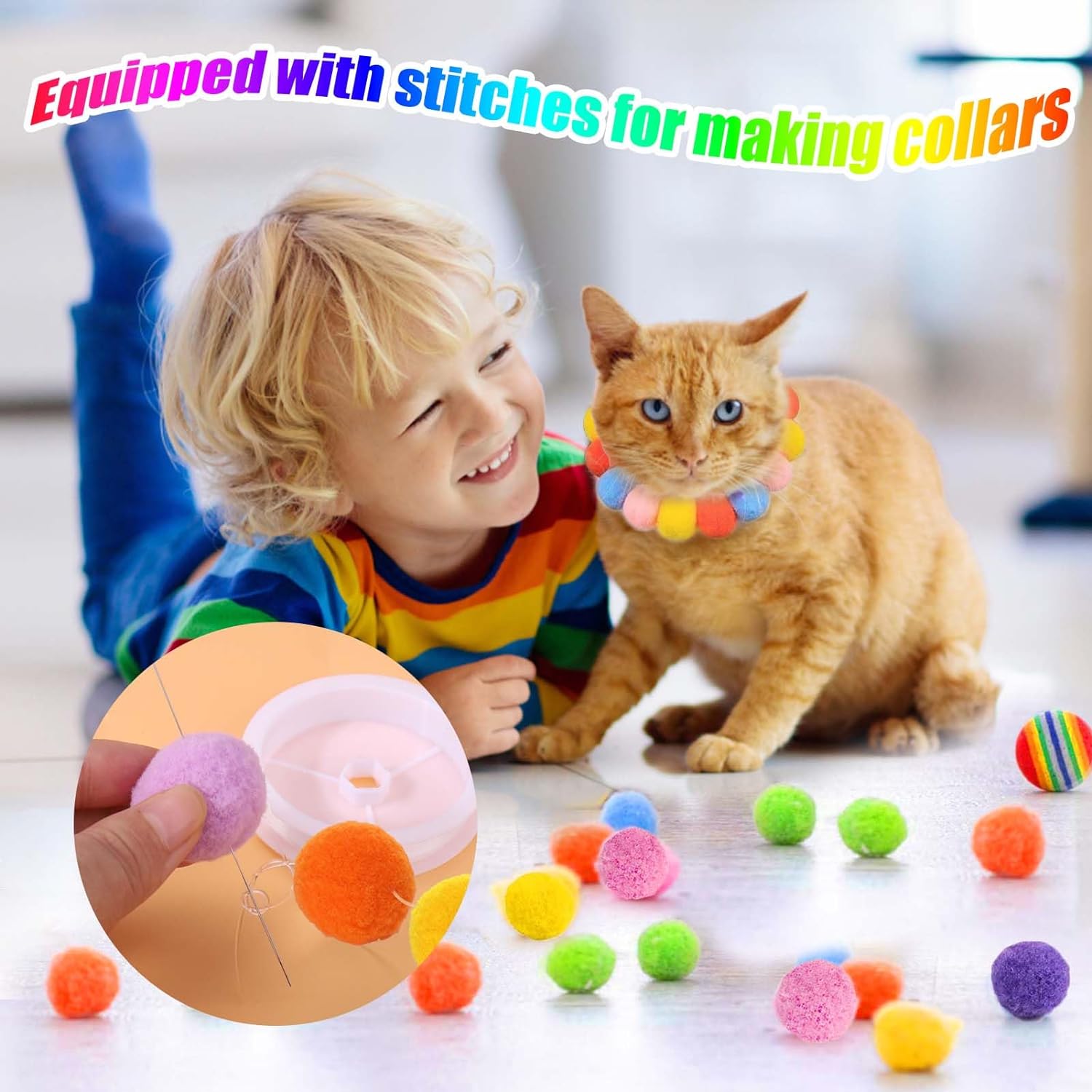 Colorful soft pom pom balls with a cat collar craft demonstration for creative pet accessory making