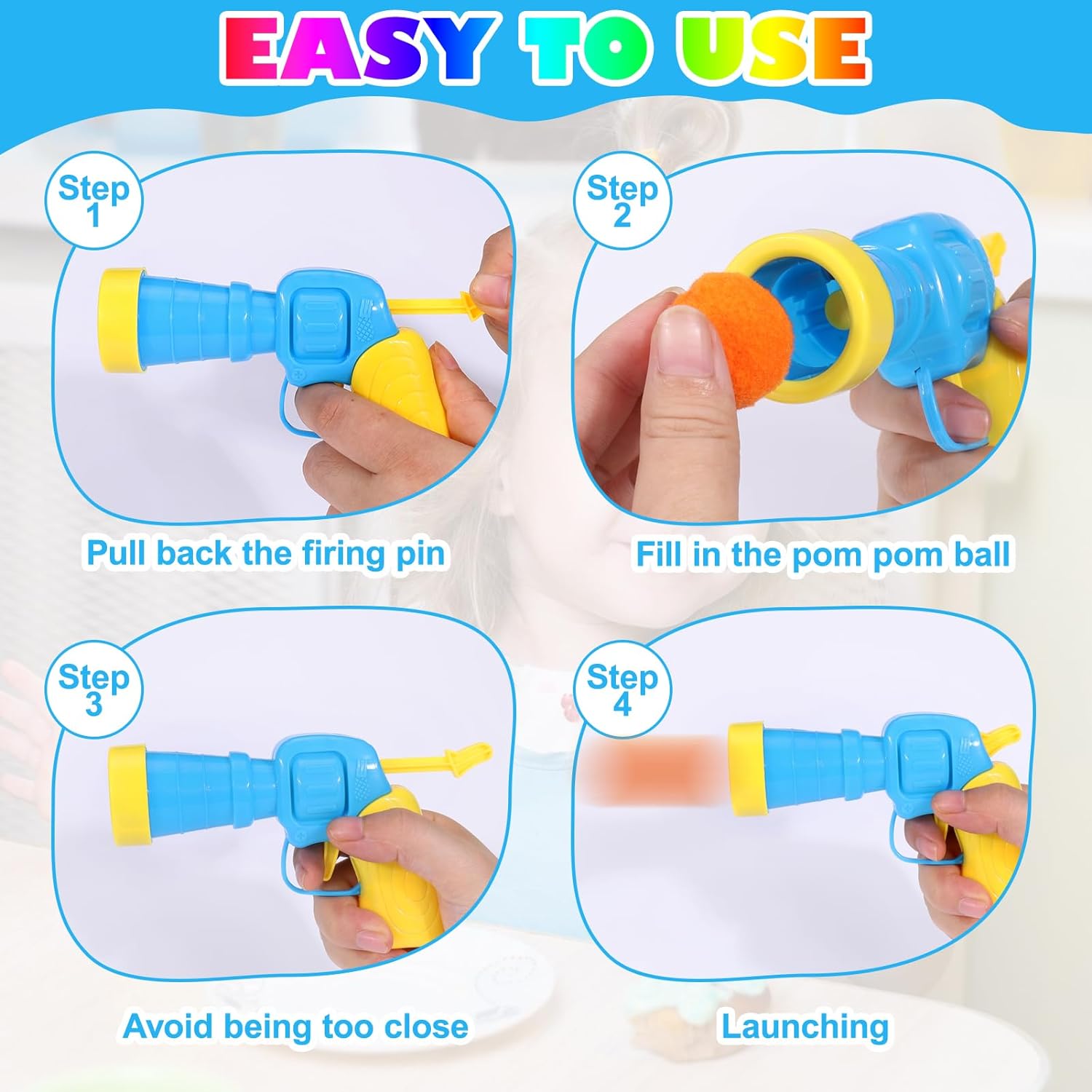Interactive cat ball launcher toy with colorful pom pom balls and simple steps for loading and launching during indoor play