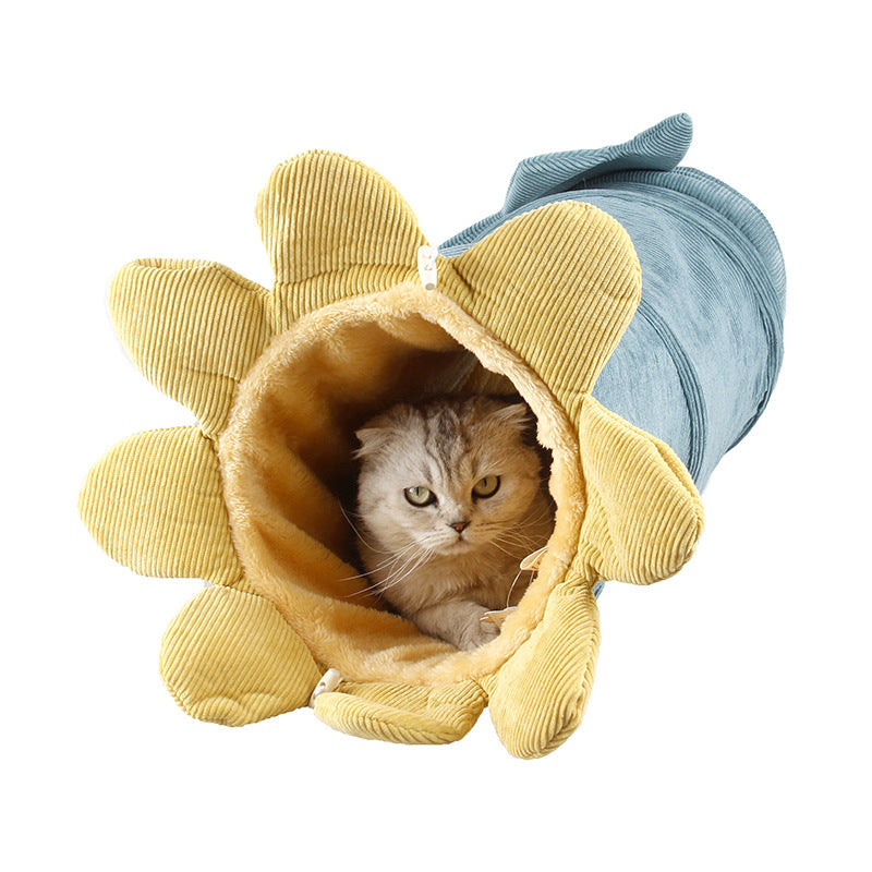 Flower-shaped cat tunnel bed with a soft plush interior for cozy resting, hiding, and indoor playtime