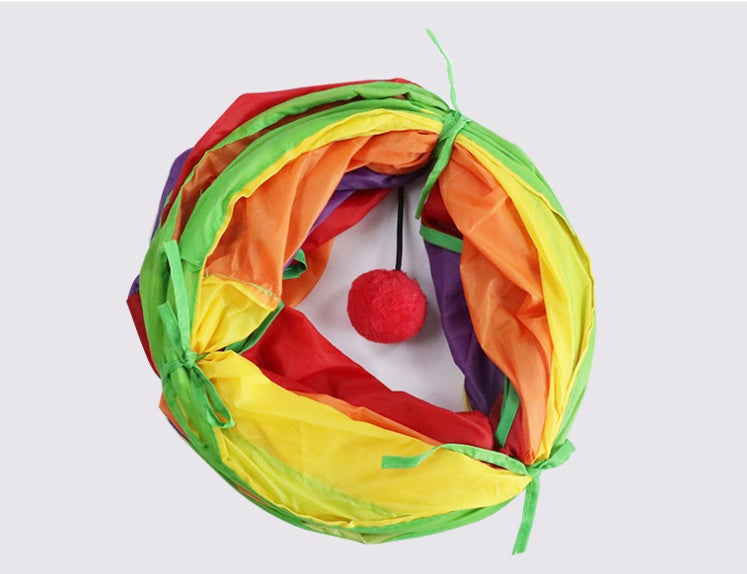 Foldable colorful cat tunnel with a hanging ball for interactive indoor play, hiding, and exploration