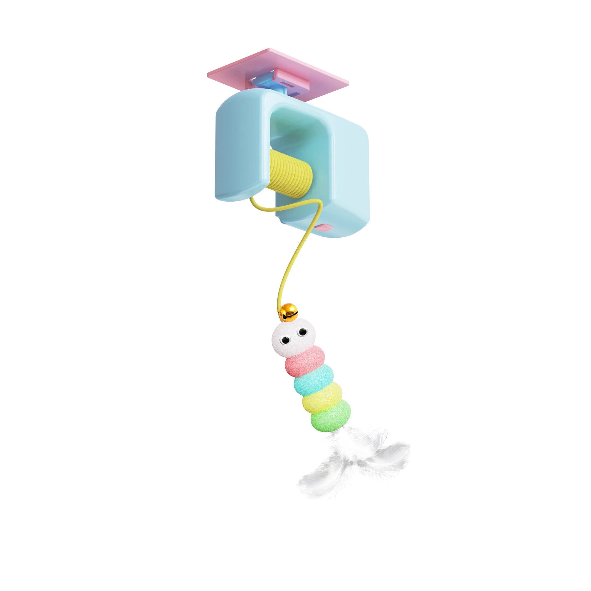 Hanging interactive cat toy with colorful balls and feather attachment for indoor play, exercise, and enrichment