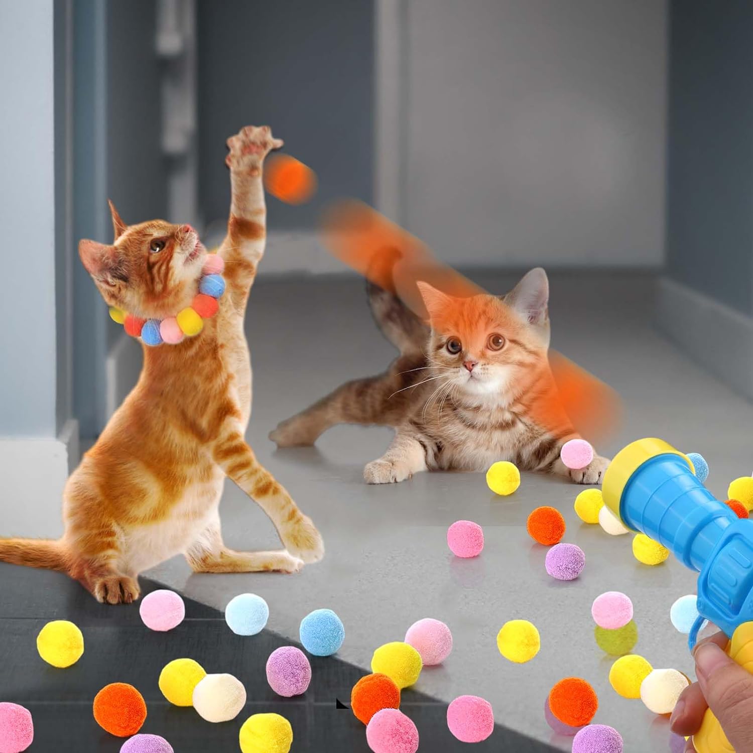 Interactive cat ball launcher toy with colorful pom pom balls for playful indoor exercise and enrichment
