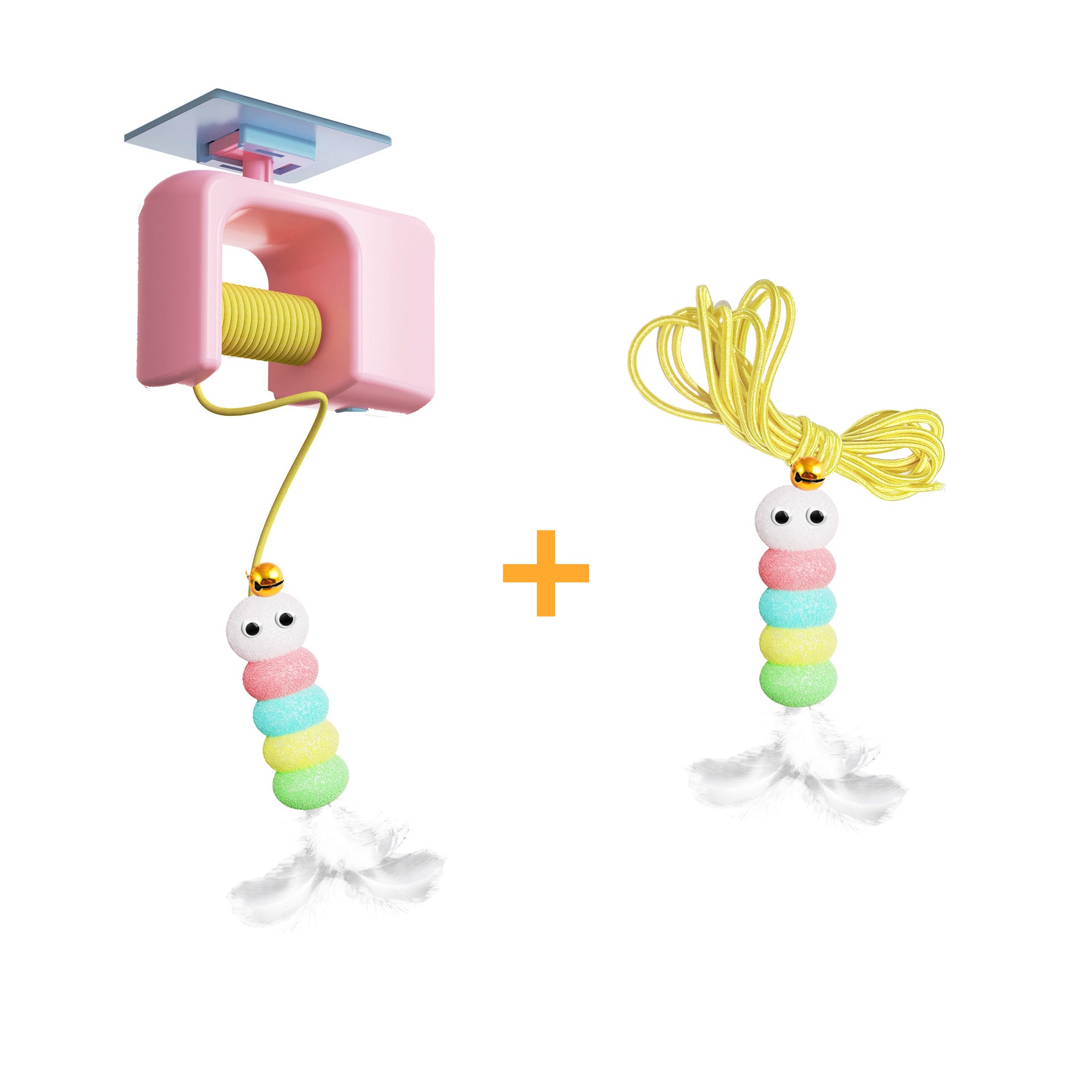 Interactive hanging cat toy with colorful bead and feather attachment plus a replacement toy for extended indoor playtime