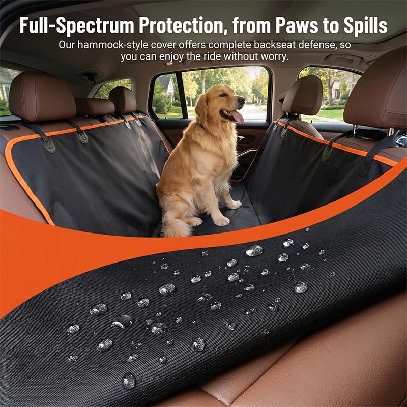 Waterproof dog car seat cover with protective hammock design for keeping car seats clean from pet hair, dirt, and spills during travel