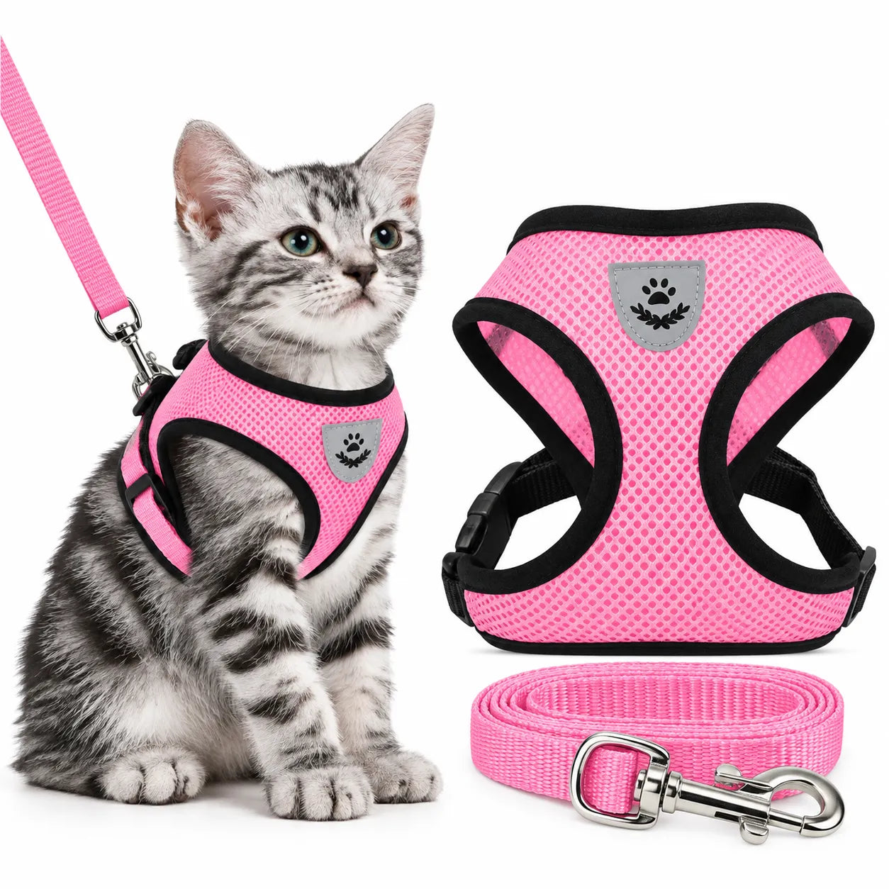 Pink breathable mesh cat harness with matching leash shown on a kitten for comfortable outdoor walks and training