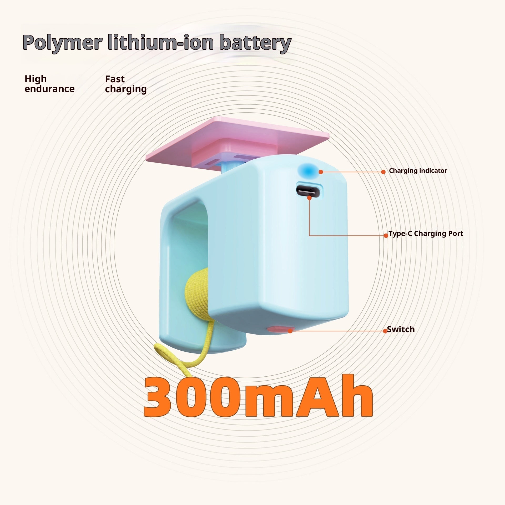 Rechargeable interactive cat toy with 300mAh battery, Type-C charging port, power switch, and hanging play design for indoor enrichment