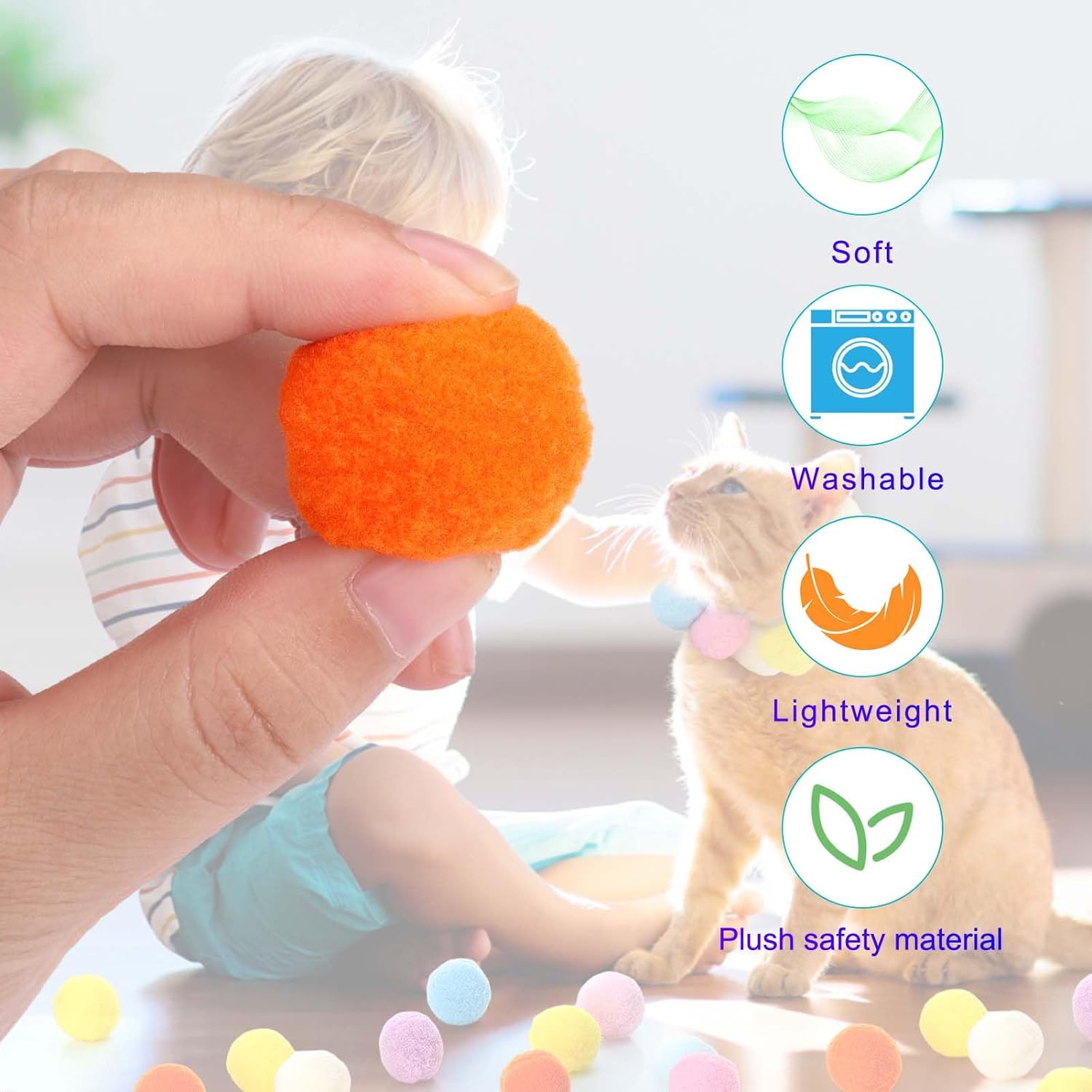 Soft washable lightweight pom pom balls for interactive cat play and indoor enrichment
