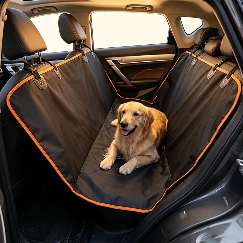 Waterproof dog car seat cover protecting the back seat from pet hair, dirt, and scratches during car travel