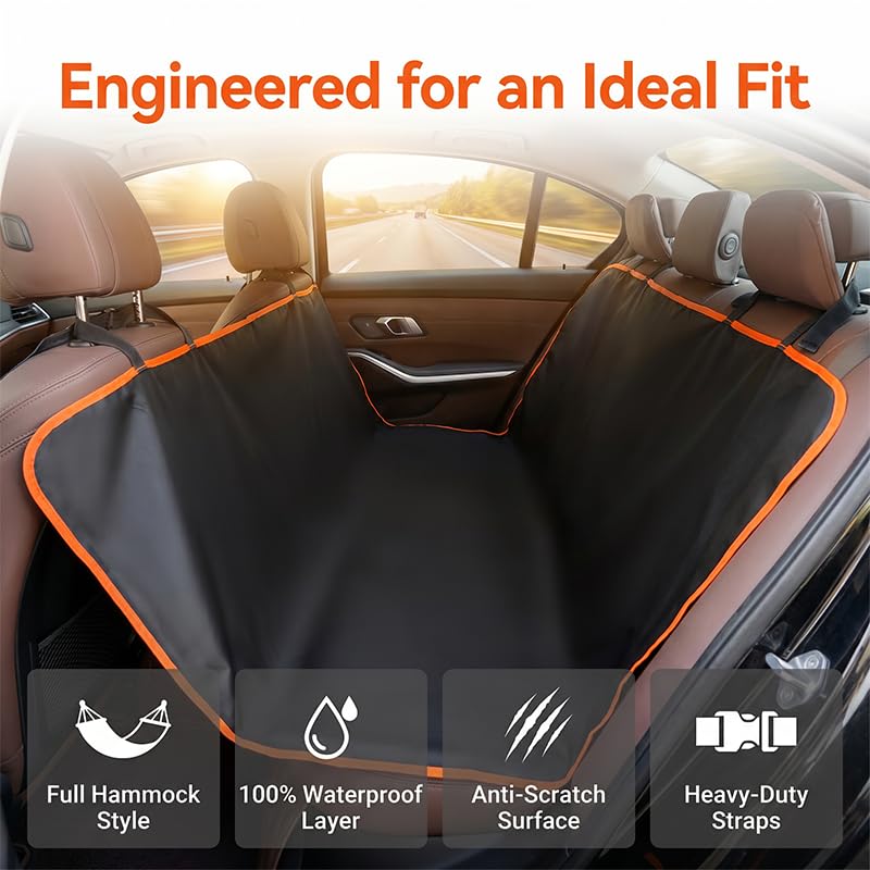 Waterproof dog car seat cover with full hammock design, anti-scratch surface, and adjustable straps for back seat protection during pet travel
