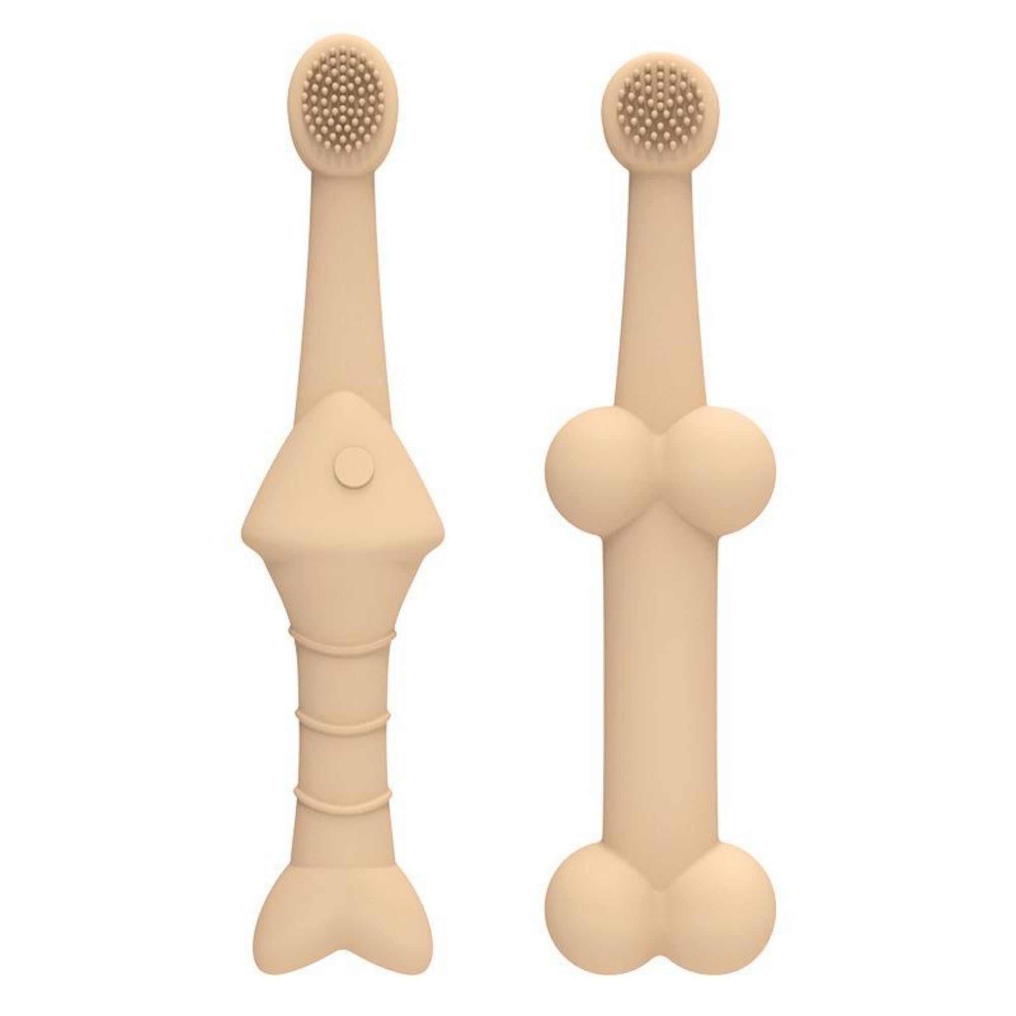 Pair of beige silicone pet toothbrushes for pet dental care