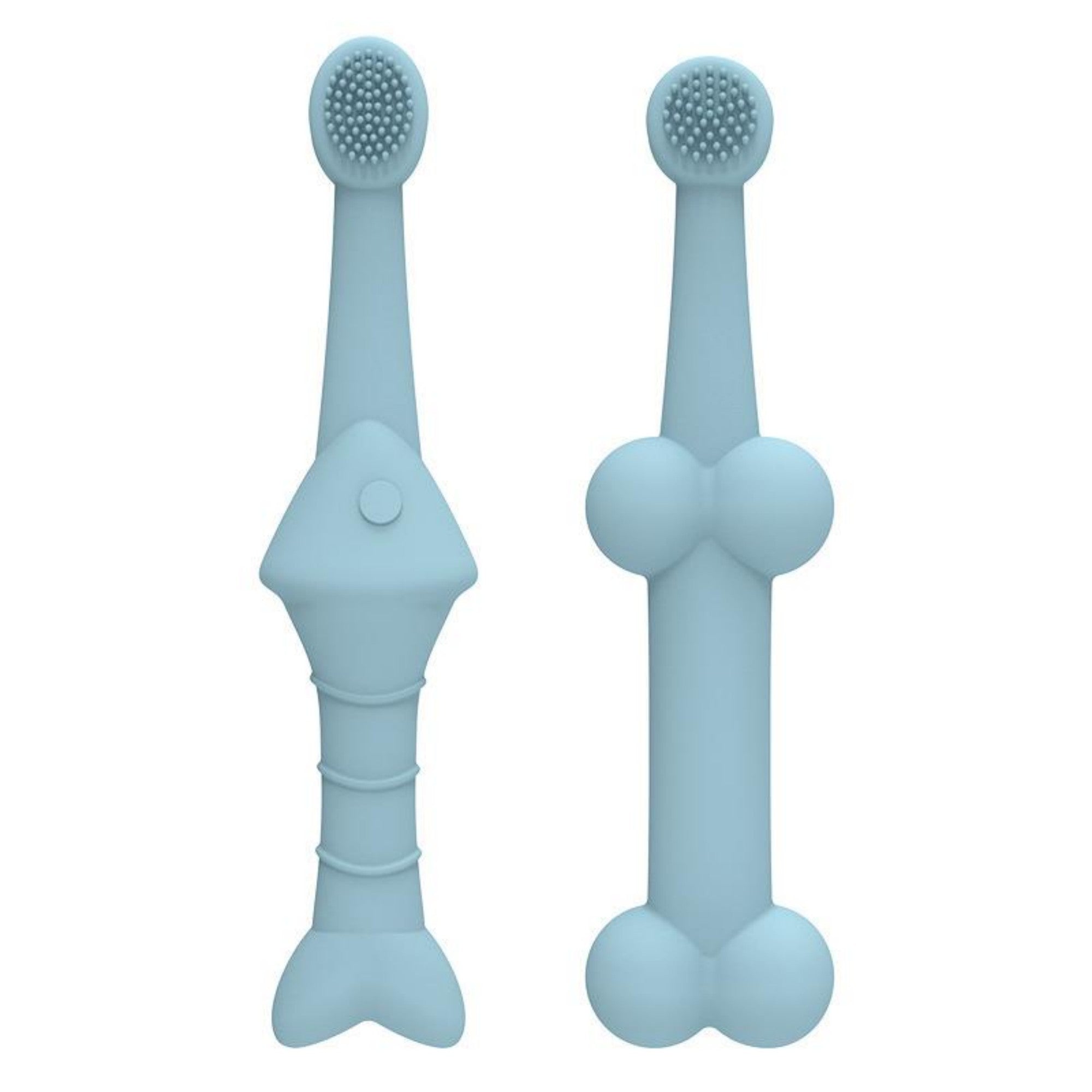 Pair of blue silicone pet toothbrushes with textured brushing heads